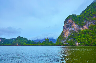 The steep rocks and tropic forests of Ao Phang Nga National Park, Thailand