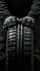 A close-up shot of a mechanics hands holding two new car tires.