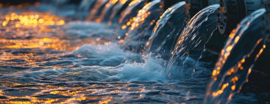 A row of pipes at an oil and gas pow releasing water in a continuous flow, creating a dynamic fountain.