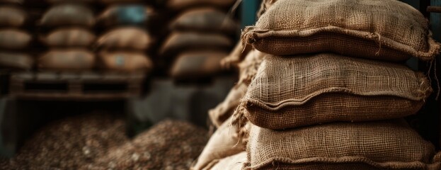 A photo showing a stack of four burlap sacks placed beside a sturdy metal fence.