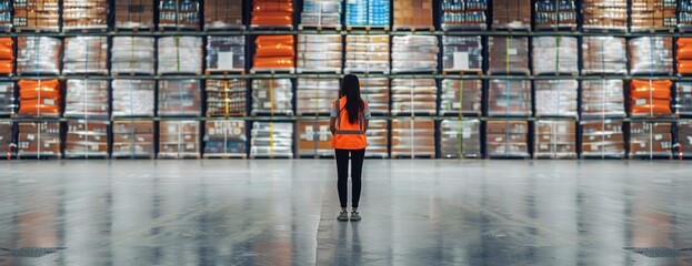 A woman wearing an orange vest stands in a logistics center, surrounded by stacks of boxes. - obrazy, fototapety, plakaty
