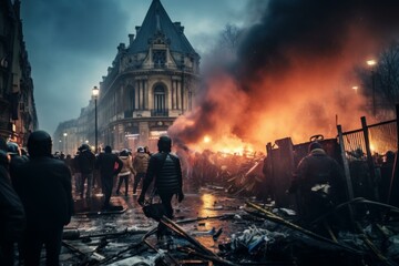 Tumultuous Paris demonstration chaos. Street crowd. Generate Ai
