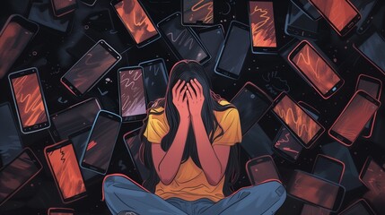 A distressed teenage girl sits in front of her computer, visibly upset as she reads hurtful and bullying messages on her laptop screen, reflecting the growing issue of cyberbullying among youth. - obrazy, fototapety, plakaty