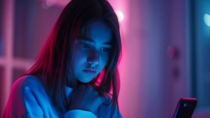 A distressed teenage girl sits in front of her computer, visibly upset as she reads hurtful and bullying messages on her laptop screen, reflecting the growing issue of cyberbullying among youth.