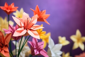 Obraz na płótnie Canvas Bouquet of paper flowers on a clear purple background