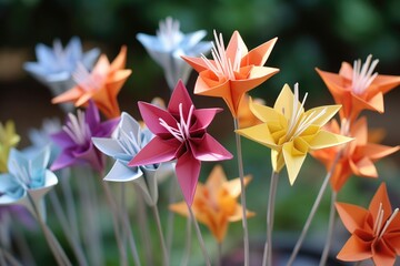 Close up of colorful origami flowers in natural environment