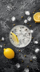 A glass of lemonade with ice and slices of lemons arranged around it, creating a refreshing and invigorating summer drink.