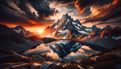 High altitude alpine lake in idyllic land once covered by glaciers. Reflection of snowcapped mountain range and scenic colorful sky at sunset. Wide angle shot taken on the Italian Alps at 2200 m asl. - obrazy, fototapety, plakaty