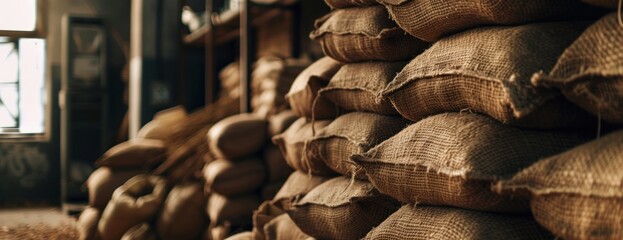 Three stacked burl bags filled with raw materials sitting next to a window in a warehouse.