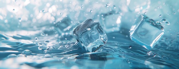 A detailed view of a glass filled with water and ice cubes on a light blue background.