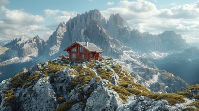 a red cabin on top of a mountain with a view of a valley and a mountain range in the background.
