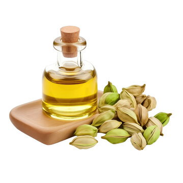 fresh raw organic cardamom oil in glass bowl png isolated on white background with clipping path. natural organic dripping serum herbal medicine rich of vitamins concept. selective focus