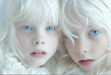 Studio fashion Portrait of Natural beauty albino white haired blue eyes caucasian twins girls