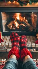 A person sitting in front of a fireplace while wearing slippers.