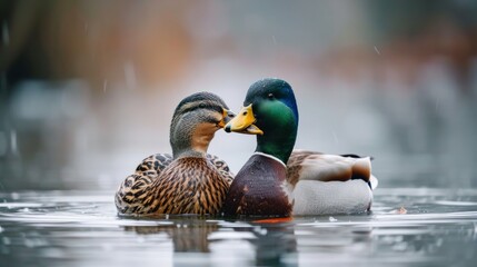 Pair of ducks floating on a pond, beaks close together, generative ai