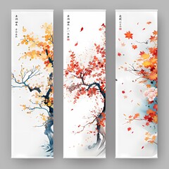 Elegant Asian-Inspired Autumnal Trees Triptych Artwork