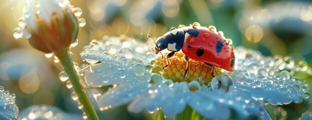 A close-up shot of a ladybug perched on top of a white daisy covered in dew.