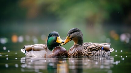 Pair of ducks floating on a pond, beaks close together, generative ai
