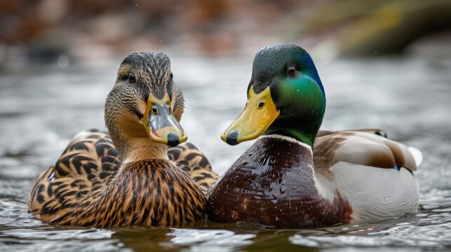 Pair of ducks floating on a pond, beaks close together, generative ai