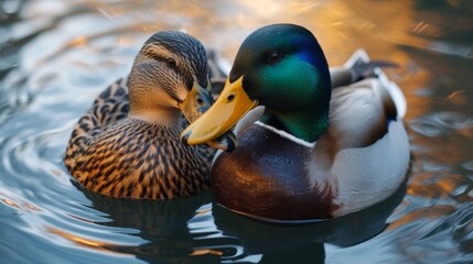 Pair of ducks floating on a pond, beaks close together, generative ai