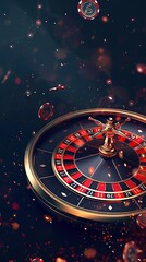 A beautiful roulette wheel with red and black balls on a dark background.