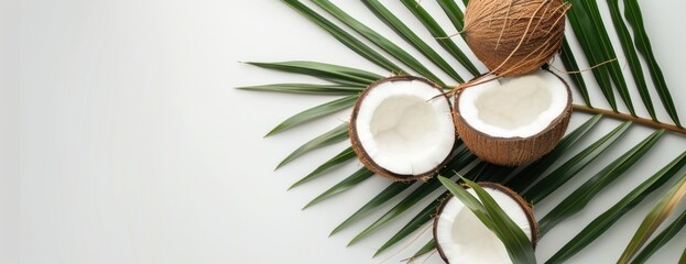 Fototapeta na wymiar A photo featuring fresh coconuts, both whole and cut in half, along with a palm leaf, set against a white background.