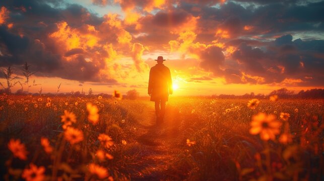 Journey to Infinity. Man walking to new better world of hope and bright future