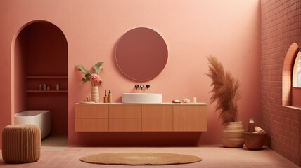 Baño espacioso de estilo rustico con bañera abierta, lavabo y espejo en pared central, suelo de ceramica con alfombra de rafia, puff, cesta de mimbre con planta en tonos terracota rosados