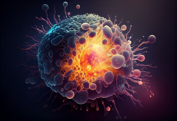 Illustration of a cancer cell being attacked by leukocytes. Generative AI - obrazy, fototapety, plakaty