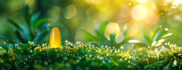A single, luminous Omega-3 capsule rests upon vibrant green moss, bathed in the soft glow of the early morning sunlight, creating a striking contrast. - obrazy, fototapety, plakaty