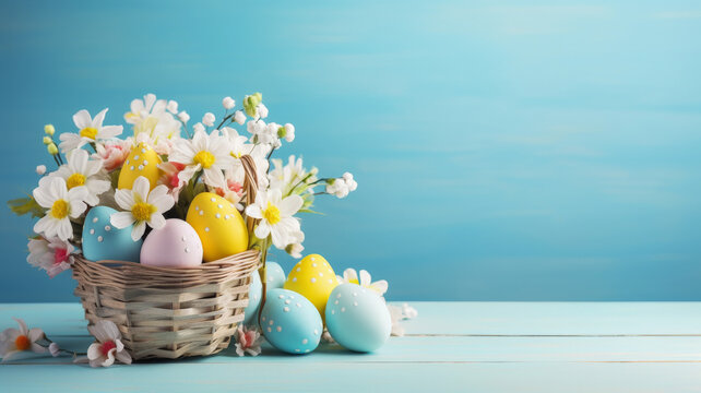 Cesta de mimbre conteniendo huevos de pascua de diferentes colores y margaritas, junto a otros huevos de pascua y flores, sobre soporte de madera y fondo azul 