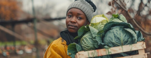 A portrait of a determined black woman holding a crate filled with an assortment of fresh vegetables. - obrazy, fototapety, plakaty