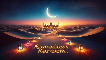 Ramadan Kareem greeting card with mosque and lanterns in a desert landscape under a crescent moon