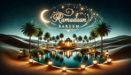 Ramadan Kareem greeting card with oasis, palm trees, and lanterns under a starry sky