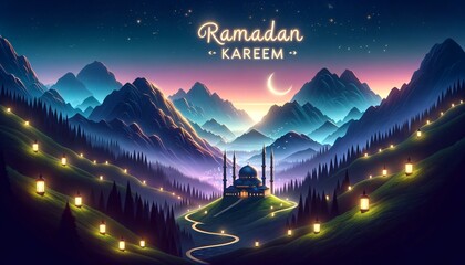 Ramadan Kareem greeting card with mosque and lantern-lit path in a mountainous landscape