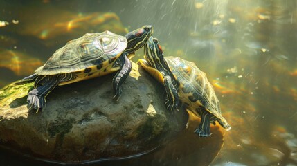 Pair of turtles sharing a sunlit rock, shells touching, generative ai