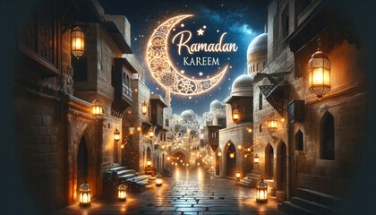 Ramadan Kareem greeting card with ancient city streets and glowing lanterns at night