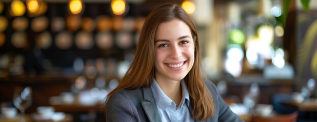 A confident professional woman sitting at a table, smiling brightly for the camera.