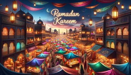 Ramadan Kareem greeting card with coastal village and anchored boats at sunset