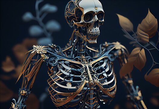 Artificial intelligence metalic skeleton with intricate parts, Generative Ai