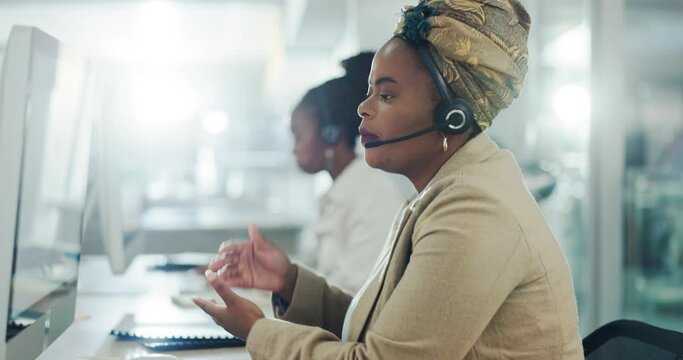 Black woman, office and call center agent to explain, contact and help people with telecommunications. Conversation, support and info with advice, professional consultant and customer service