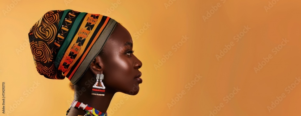 Wall mural a portrait of an african woman proudly wearing a head scarf and earrings, showcasing her national co - Wall murals