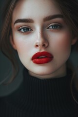 This close-up photo features a portrait of a woman with striking red lipstick, emphasizing her big lips.