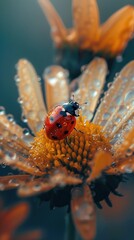 A close-up photograph of a ladybug sitting on top of a dew-covered yellow flower.