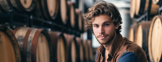 A young man with attractive features poses confidently in front of a backdrop of wine barrels. - obrazy, fototapety, plakaty