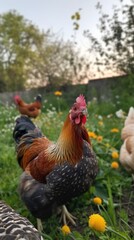 A group of chickens and a hen standing on a lush green field during sunset.