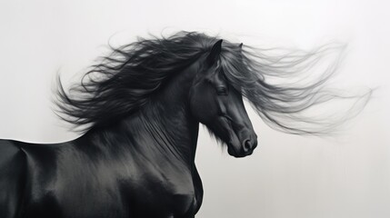 a black and white photo of a horse with its hair blowing in the wind in front of a white background.