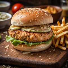 Tasty burger with tomato, and pickles, close up shot