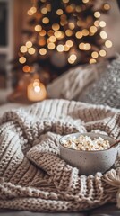 A cozy evening at home with a bowl of popcorn on a blanket, accompanied by a Christmas tree in the background.