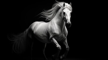 a white horse running in the dark with its hair blowing in the wind and it's rear legs in the air.
